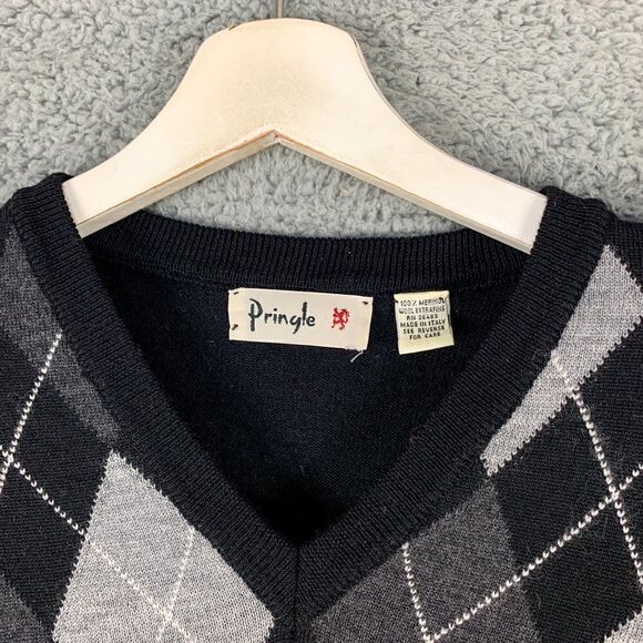 Pringle of Scotland Argyle Sweater Mens Extra Large Black Merino Wool Casual - Picture 2 of 12